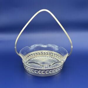 Vintage Cut Glass Candy Dish with Silver Basket Holder by Wallace Sterling J-44